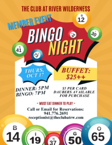 Bingo Night event announcement at River Wilderness.