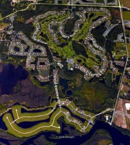 A bird 's eye view of a residential area.