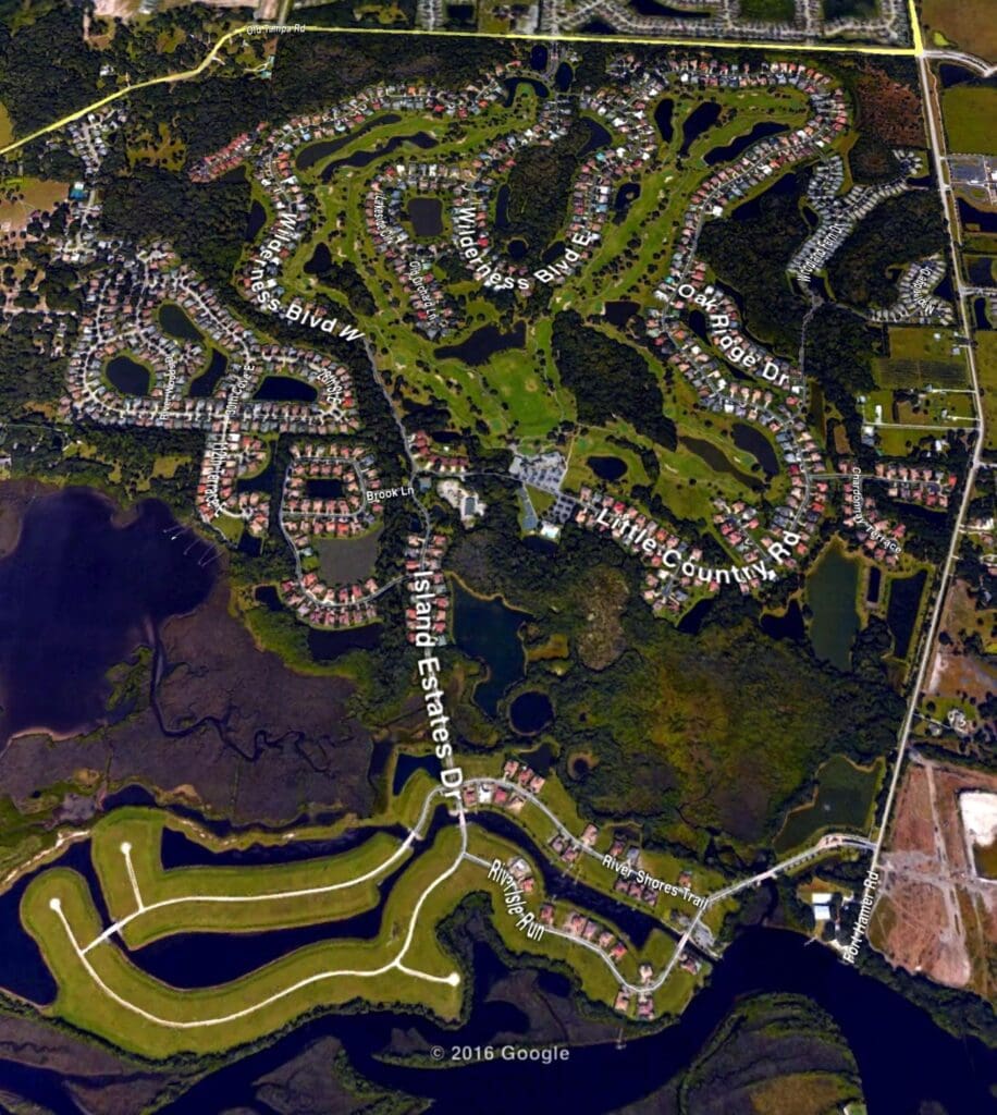 A bird 's eye view of a residential area.