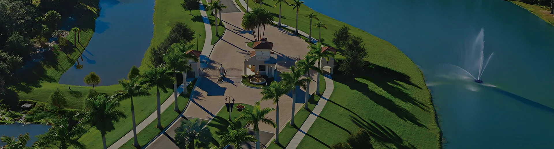 A bird 's eye view of a park with palm trees.